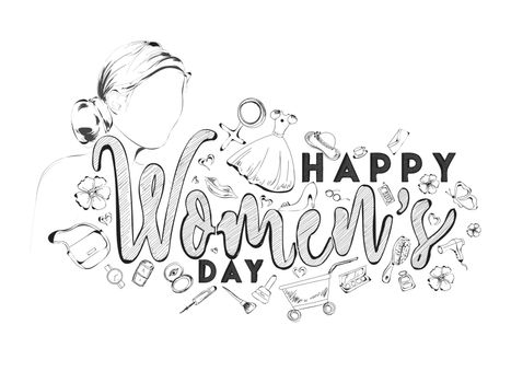 Doodle style poster or banner design for Women's Day with illustration of women face and other elements.