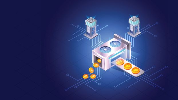 Cryptocoin exchange concept, illustration of money exchange machine connected with crypto servers on blue digital networking background.