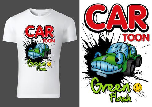 White Child T-shirt Design with Green Cartoon Car and Colored Inscriptions over Black Spatter - Cheerful Illustration, Vector