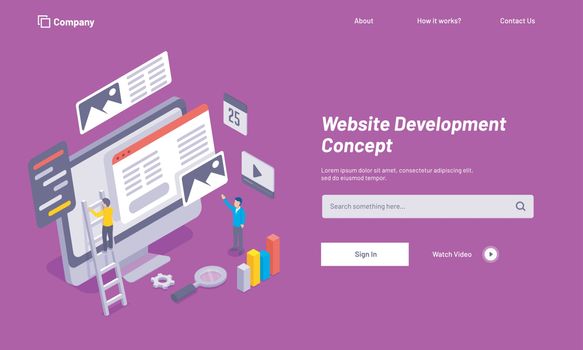 Purple website template design, website under maintenance, analytics analysis the data for Website Development concept.