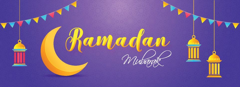 Website header or banner design with illustration of crescent moon and hanging lanterns on purple arabic pattern background for Ramadan Mubarak.