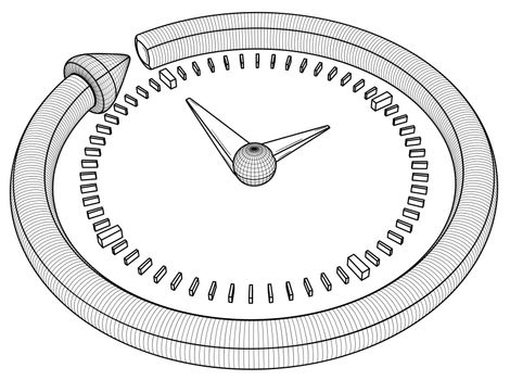Arrow and clock as a symbol of progress. Black outline illustration on white background. Sketch.