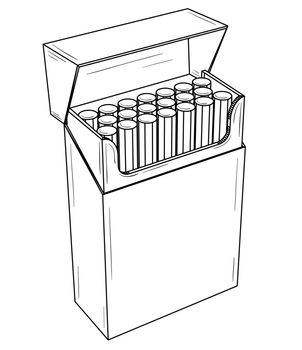 Open pack with cigarettes. Black outline illustration on white background. Sketch.