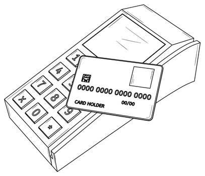 Payment terminal with credit card for payment of services. Black outline illustration on white background. Sketch.