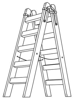 Simple wooden stepladder. Black outline illustration on white background. Sketch.