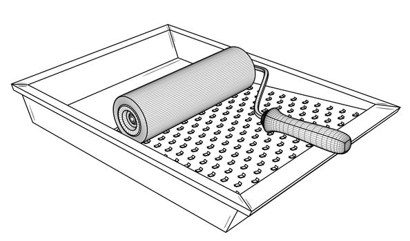 Painting roller with empty paint tray. Black outline illustration on white background. Sketch.