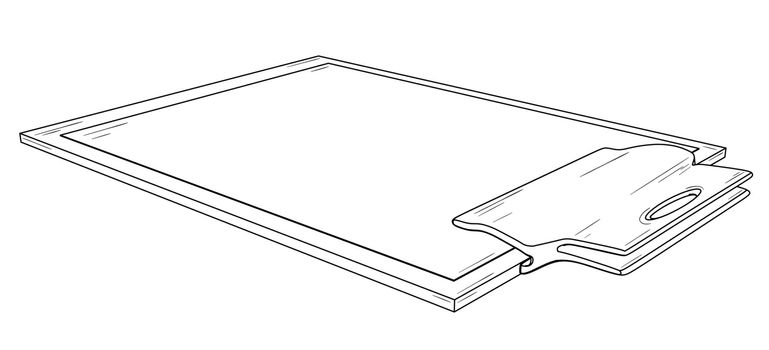 Writing pad with metal clip and blank paper. Black outline illustration on white background. Sketch.