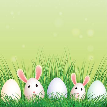 Easter background with illustration of easter eggs hidden in grass.