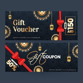 Gift voucher or coupon layout with different discount offer and mandala floral elements decorated black background.
