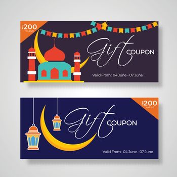 Gift Coupon set with illustration of mosque, crescent moon, lanterns and best discount offer for Islamic festival celebration.