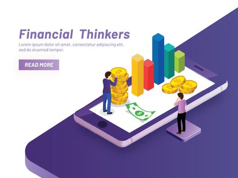 Financial Thinkers concept, financial advisor analysis company monetary fund on smartphone screen, isometric design for responsive landing page.