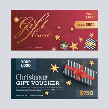 Christmas gift voucher or discount coupon layout with best discount offer and illustration of gift boxes and starts