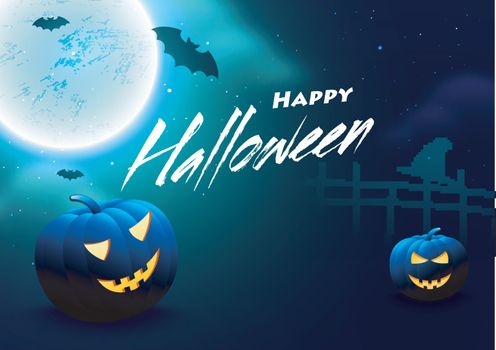 Scary pumpkins on spooky full moon night background for Happy Halloween celebration.