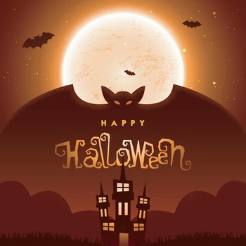 Flying vampire illustration with haunted castle on full moon night background with creative lettering of Happy Halloween.