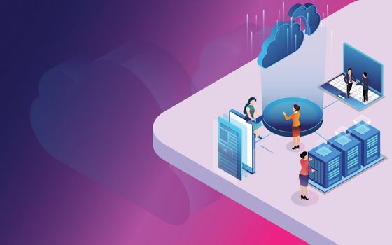 Data center or storage concept based isometric design with local servers connected to cloud servers and laptop on shiny purple background.
