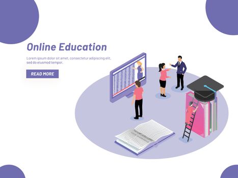 Online Education concept, responsive landing page, boy preparing through e-classes, teacher discussing to student, isometric design for E-Learning.