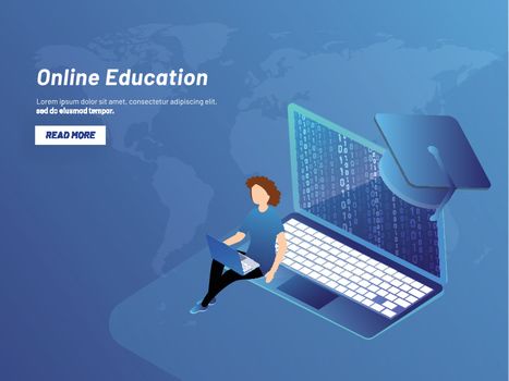 Online Education concept, isometric laptop with binary coding, girl preparing online on blue world map background for landing page design.