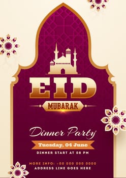 Eid Mubarak party invitation card design with illustration of mosque and floral elements.