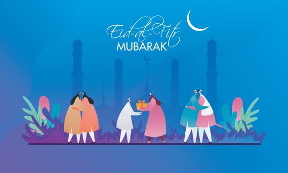 Muslim men and women hugging to each other on the occasion of Eid-Al-Fitr Mubarak. Can be used as banner or poster design.