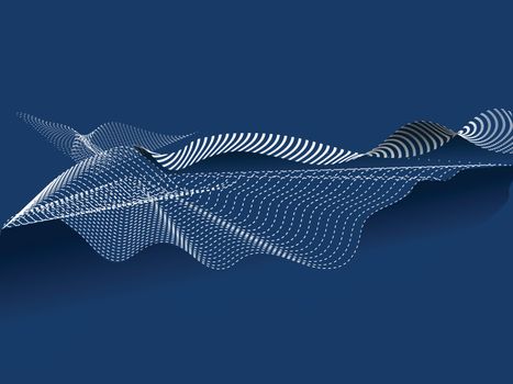 Dynamic digital flowing wave motion particles composition on blue background.