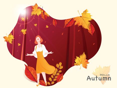 Young woman enjoying nature on beautiful sunshine forest abstract background for Hello Autumn poster or banner design.
