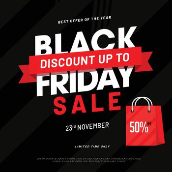 Advertising poster or template design with 50% discount offer on Black Friday Sale.