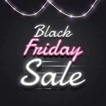 Neon text Black Friday Sale on glossy black background for advertising concept.