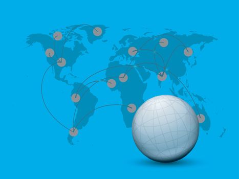 Global network and connection concept with illustration of glossy globe and world map.
