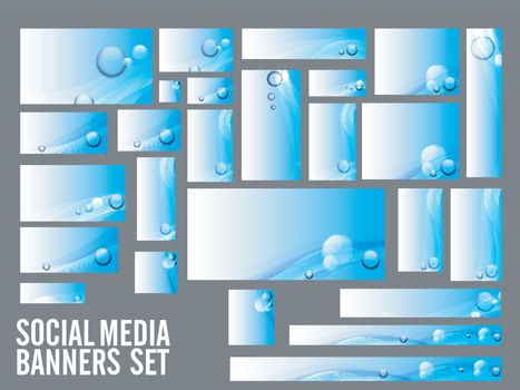 Blue and white Social Media Banners set with bubbles and abstract waves.