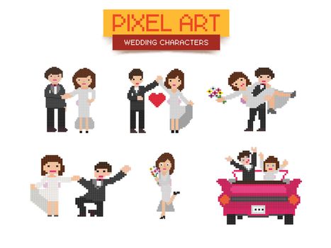 Creative Pixel Art Wedding Characters. Set of six young couples in different pose, Illustration of bride and groom.