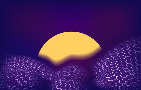 Abstract geometric purple and blue background with yellow curve shape like the sun. Vector design element for web banners, posters, cards, wallpapers. Modern futuristic background.