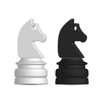 Photo realistic black and white chess piece knight. Front wiev, vector illustration.