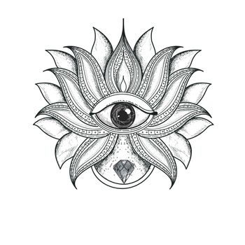 Hand drawn illustration of ornamental Lotus Flower with All Seeing Eye, Boho style element.