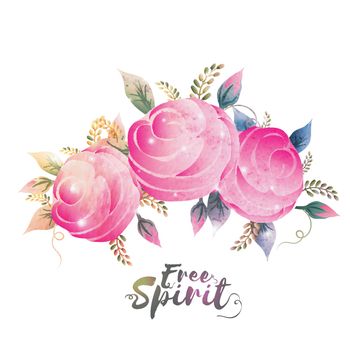 Boho style watercolor rose flowers with colorful leaves and Free Spirit text design.