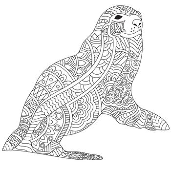 Black and white, Hand drawn doodle illustration of seal with ethnic floral pattern.