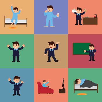 Set of businessman daily routine from morning to night with young man cartoon character.