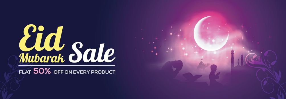 Eid Mubarak Sale with Flat 50% Off. Creative social media banner design with illustration of praying islamic people in front of mosque in moonlight night.