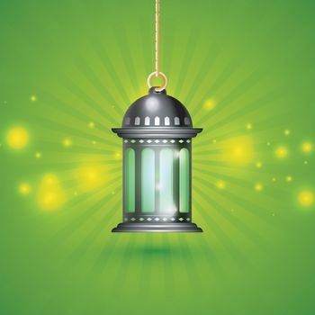 Creative illuminated lantern hanging on glowing green rays background for Islamic Holy Month of Fasting, Ramadan Kareem.