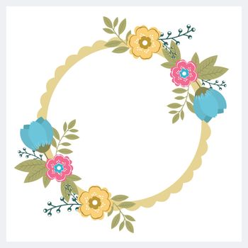 Circular frame design with beautiful flowers and green leaves decoration.