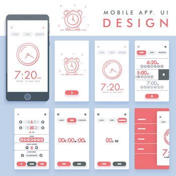 Material Design, UI, UX, GUI template layout for Clock Mobile Apps with Alarm, Timer and Stopwatch Screens presentation.