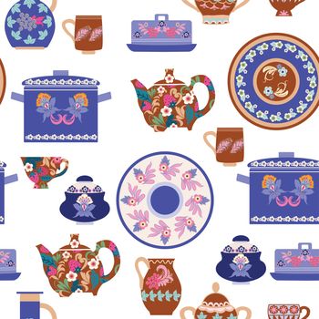 Vector hand drawn seamless pattern of collection handmade ceramics elements on shelves decorative Beautiful tableware on white background. Kitchen utensils and dinnerware.