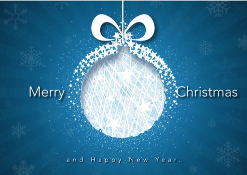 Abstract Christmas Ball Cut Out of Paper on Blue Background with White Starry Decoration and Light Beams - Modern Festive Greeting Card Illustration, Vector