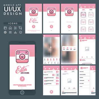 Share Mobile App UI, UX, GUI template and flat web symbols with different sharing screens presentation.