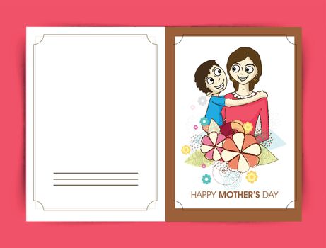 Elegant greeting card design with illustration of cute boy hugging his mother for Mother's Day celebration.