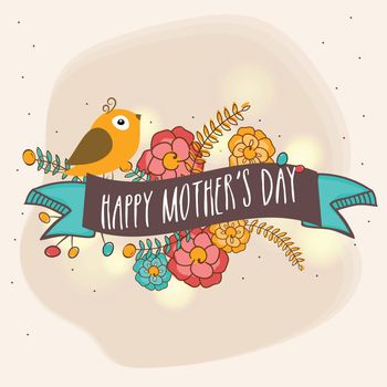 Happy Mother's Day Ribbon design with cute bird and colorful flowers.