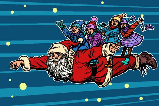 superhero Santa Claus with children. Christmas and New year. Pop art retro vector illustration kitsch vintage