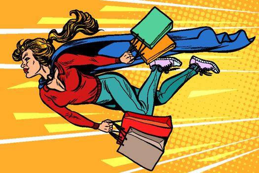 superhero woman flying with shopping. sales and discounts in stores. pop art retro vector illustration kitsch vintage drawing 50s 60s
