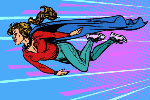 woman superhero flies. female power. pop art retro vector illustration kitsch vintage drawing 50s 60s