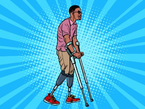 legless african veteran with a bionic prosthesis with crutches. a disabled man learns to walk after an injury. rehabilitation treatment and recovery. pop art retro vector illustration kitsch vintage drawing 50s 60s