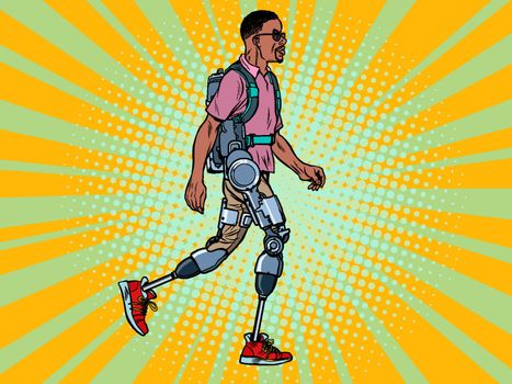 exoskeleton for the disabled. african man legless veteran walks. rehabilitation treatment recovery. science and technology. pop art retro vector illustration kitsch vintage drawing 50s 60s